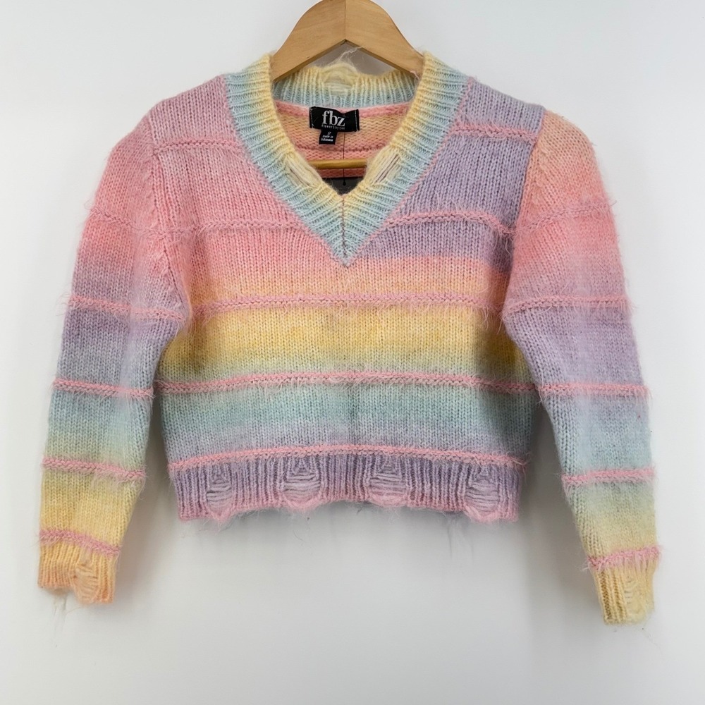FBZ Girls Small Pastel Rainbow Fairy Knit Sweater NWT Y2K Cozy Cropped Soft